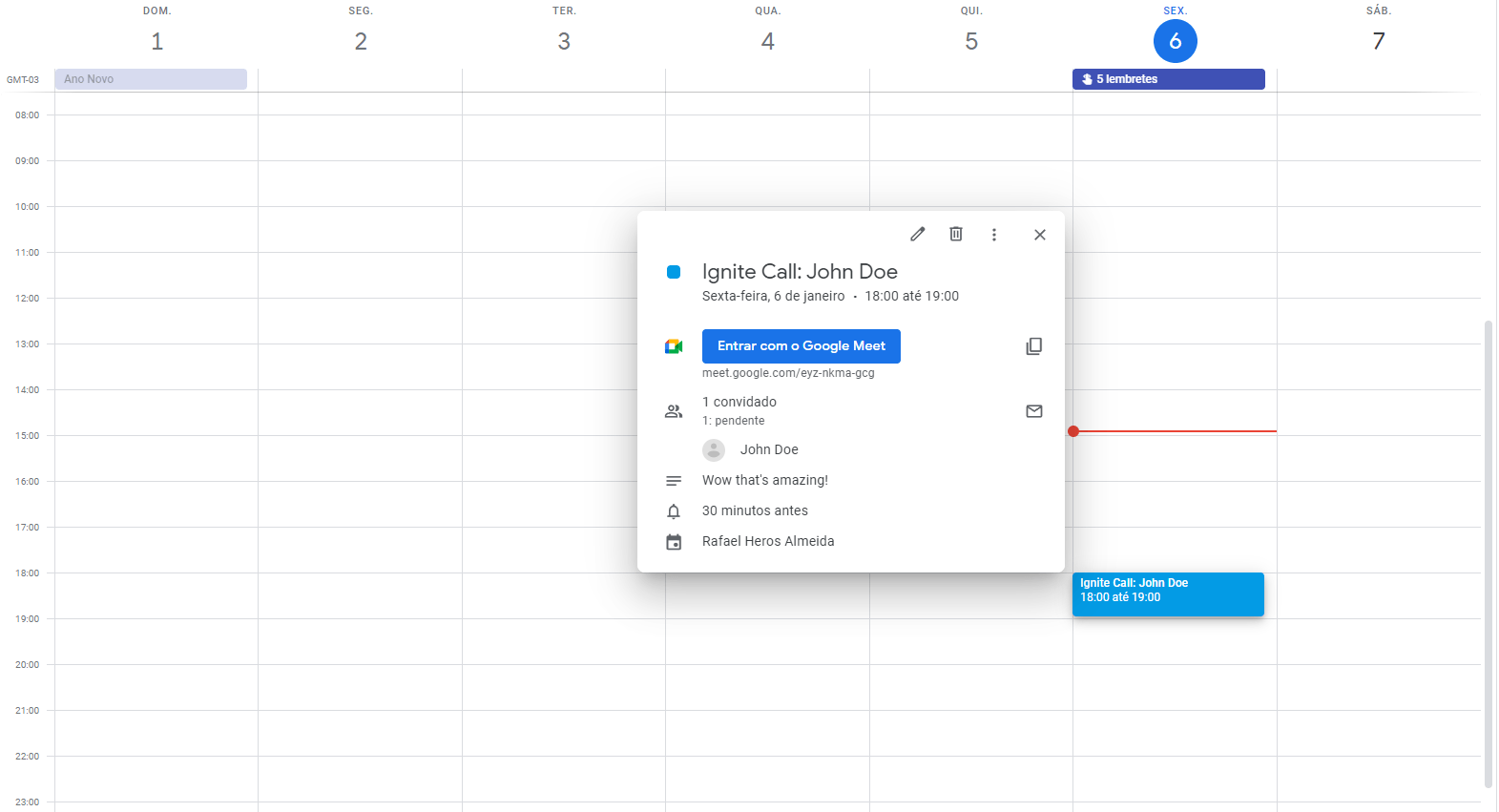 Prévia da agenda Google com o evento marcado